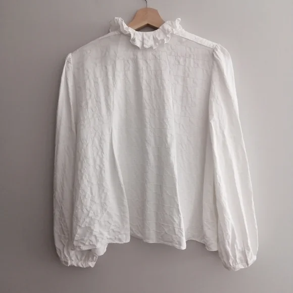 Sandro Jacquard Blouse Double S Logo Pleated Collar Puff Sleeves White 2 Medium - Picture 3 of 16